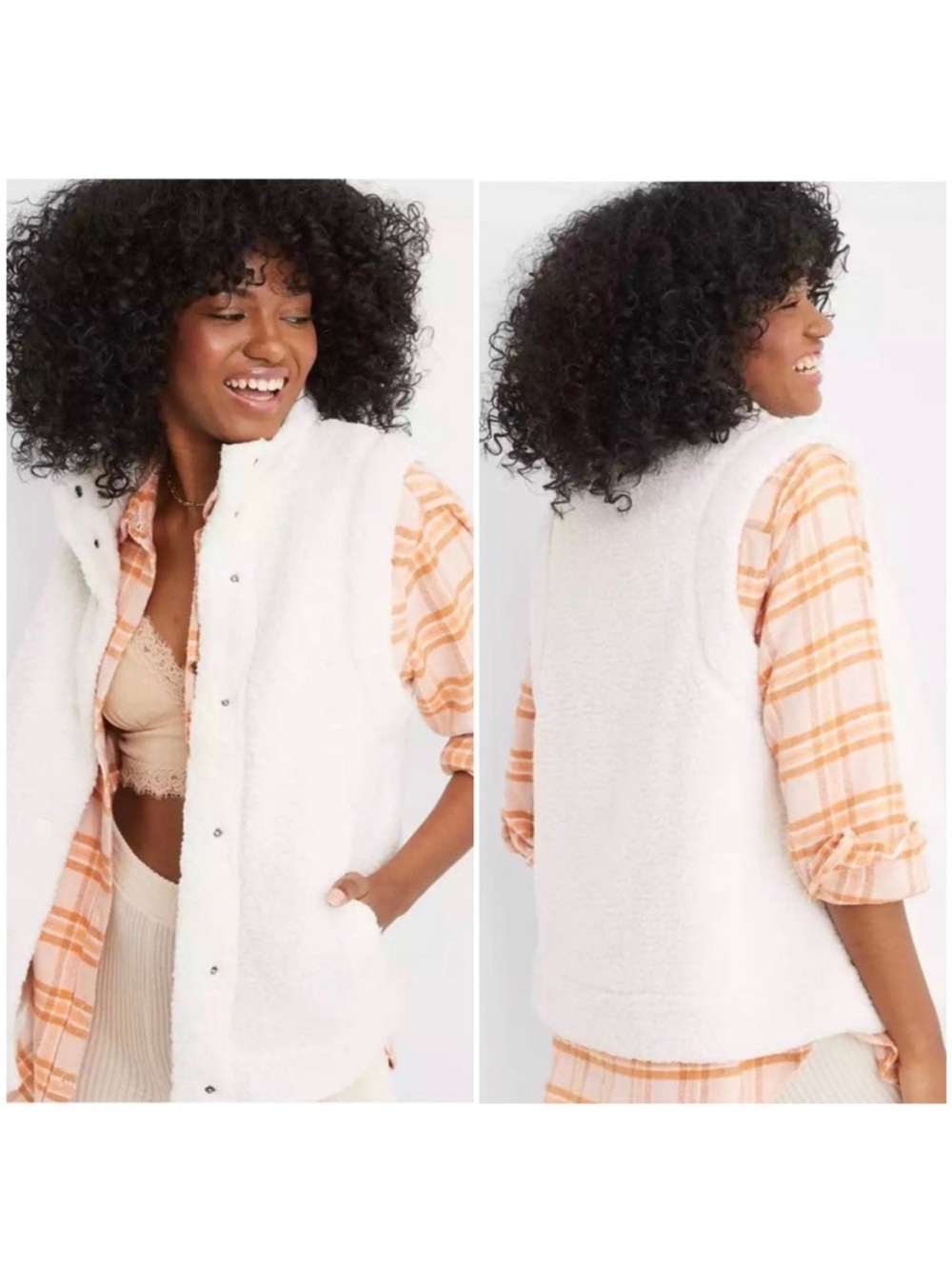 Aerie Cream Sherpa Vest with Orange Plaid Lining Size Medium Cozy Soft Winter